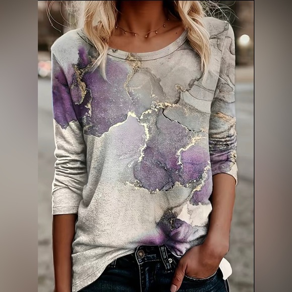 Tops - Woman’s Purple Marble Print Long Sleeve Crewneck T-shirt  Size: Various
